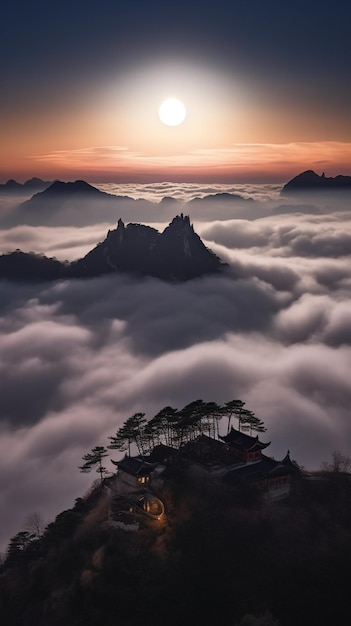 Гора в облаках на фоне заката