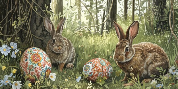 Mountain cottontail sitting in grass with easter eggs aige