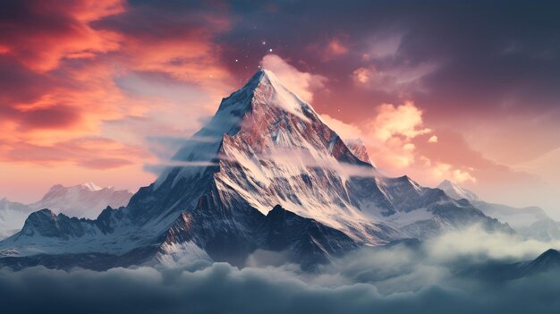 Photo mountain covered in clouds and snow at sunset