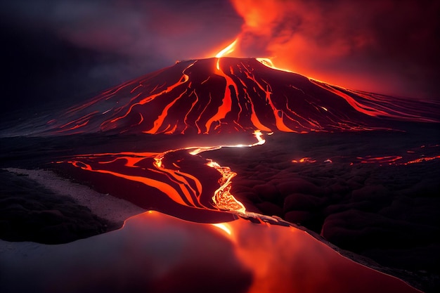 Montagna ricoperta di lava e lava accanto a uno specchio d'acqua generativo ai