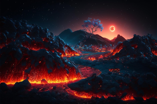 Mountain covered in lava and lava with a tree in the distance generative ai