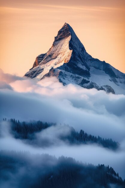 A mountain covered in snow and clouds at sunset Generative AI image