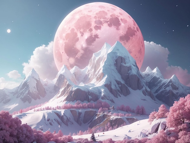 Photo a mountain covered in snow next to a full moon a low poly render behance contest winner