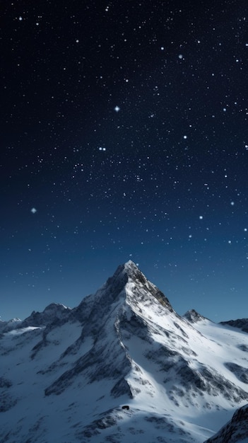 A mountain covered in snow under a night sky