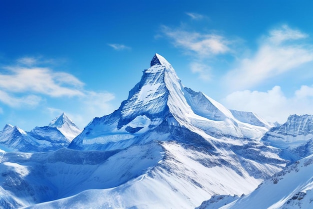 Mountain covered in snow with a blue sky background
