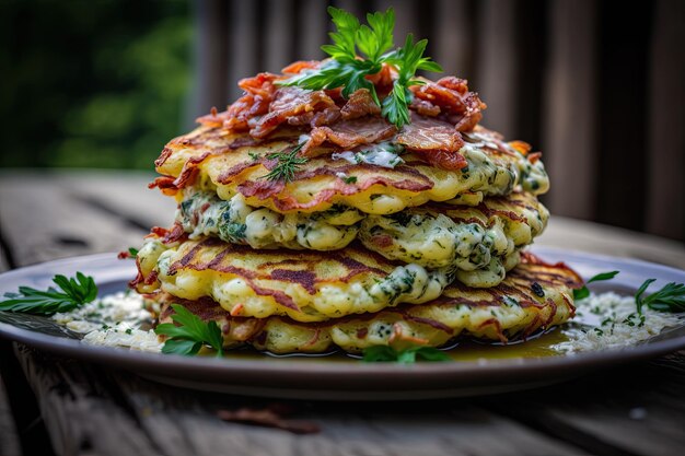 Mountain of crispy golden potato pancakes with bacon and green herbs