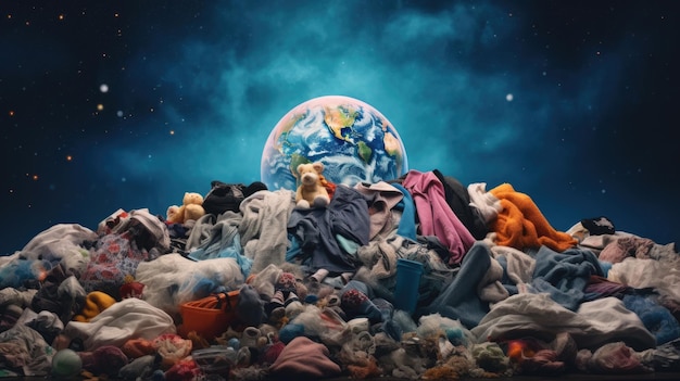 Mountain of discarded clothes textile waste concept of planet pollution with synthetic products