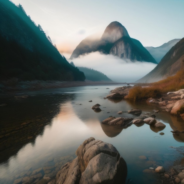 A mountain in the distance is covered in fog.