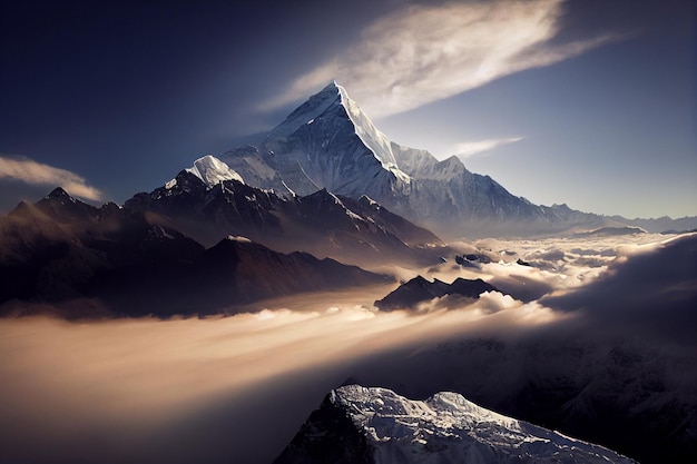 Mountain in the distance with clouds in the foreground generative ai