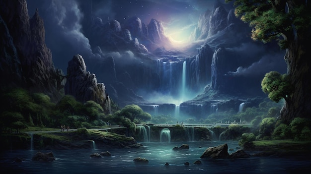 A mountain fantasy landscape art water fall blue