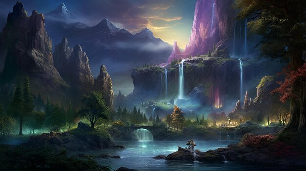 A mountain fantasy landscape art water fall blue