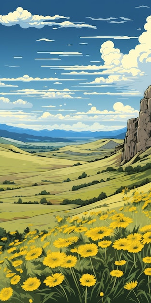 黄色い花の山の畑 詳細な漫画アート