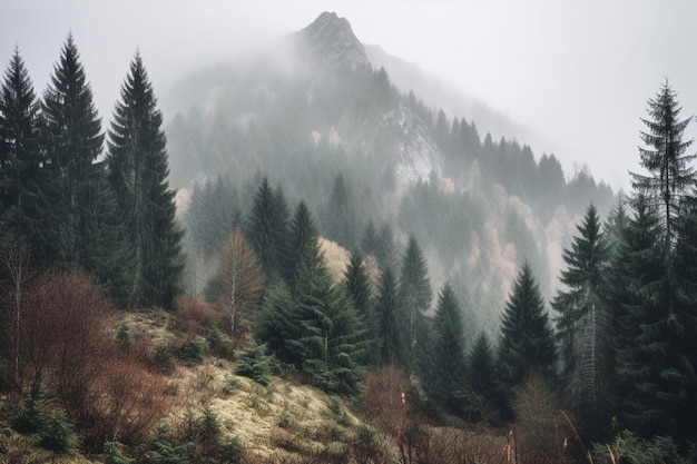 前景に森、背景に森がある霧の中の山。