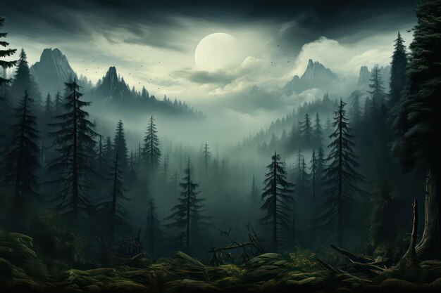 Photo mountain forest cartoon background forest mountains dark forest art