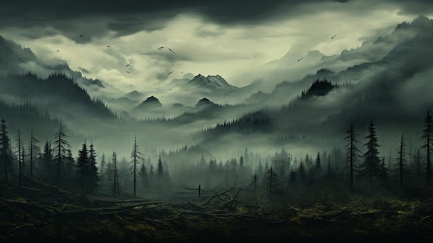 Photo mountain forest dramatic weather effect silhouette tress and fog