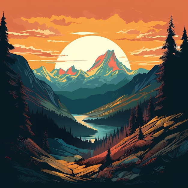 Mountain and forest illustration flat style