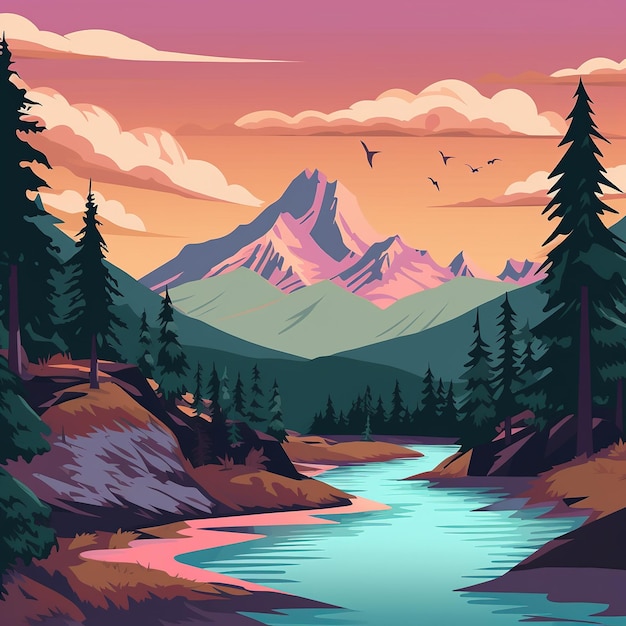 Mountain and forest illustration flat style