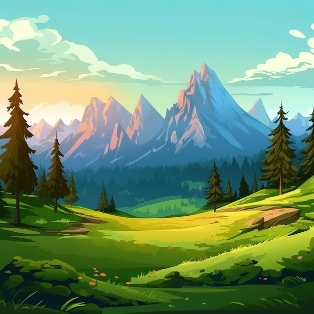 Foto illustrazione di montagna e foresta in stile piatto