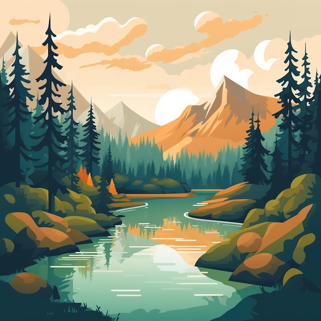 Mountain and forest illustration flat style