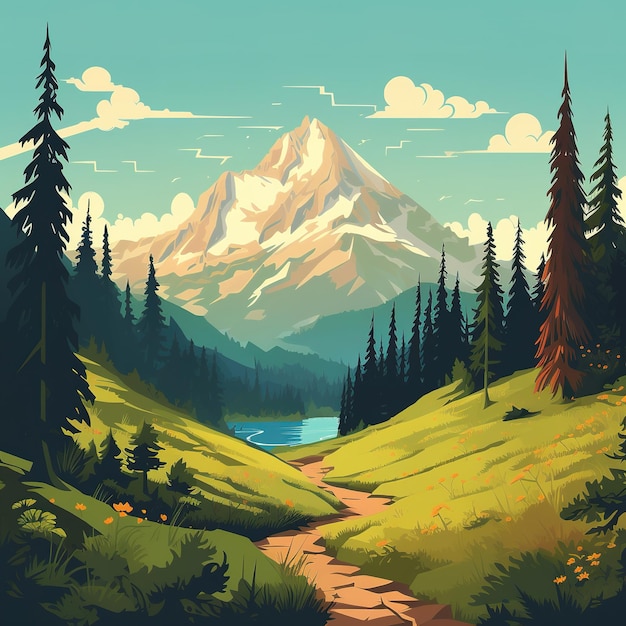 Mountain and forest illustration flat style
