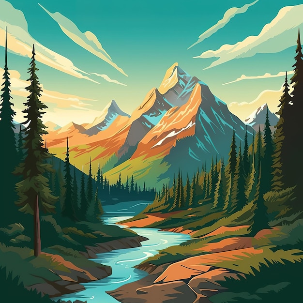 Mountain and forest illustration flat style