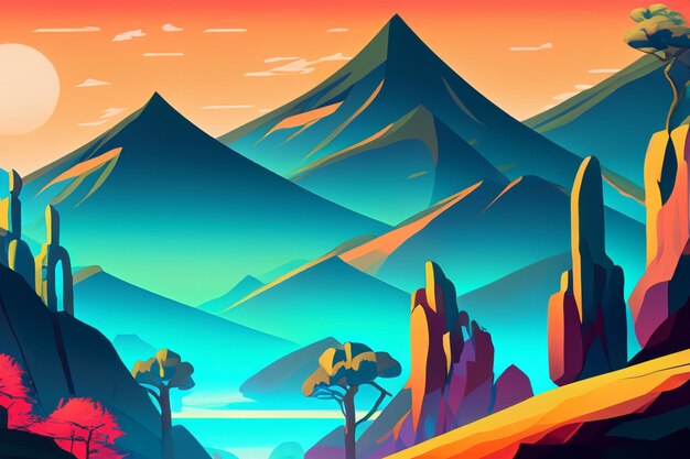 Mountain forest jungle trees cartoon background generative ai