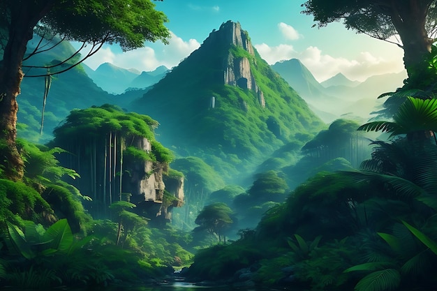 Mountain and forest nature scene futuristic jungle background