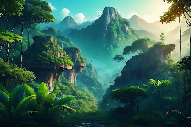 Mountain and forest nature scene futuristic jungle background