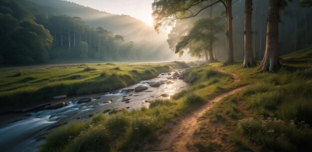 Foto fiume della foresta di montagna al tramonto