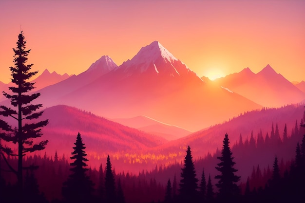 Mountain and forest in sunset