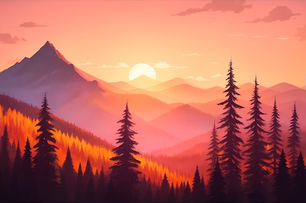 Mountain and forest in sunset