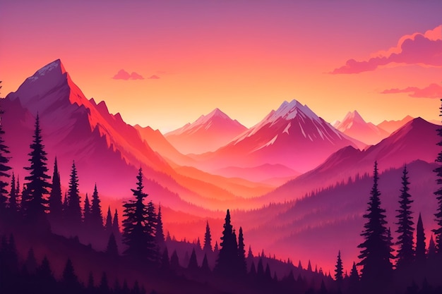 Mountain and forest in sunset