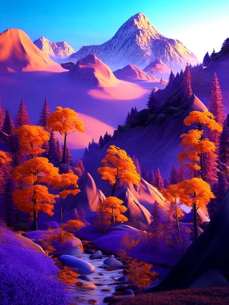 MOUNTAIN AND FOREST VIEW WITH A GOLDEN PURPLE SUNSET