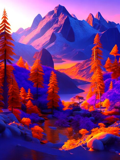MOUNTAIN AND FOREST VIEW WITH A GOLDEN PURPLE SUNSET