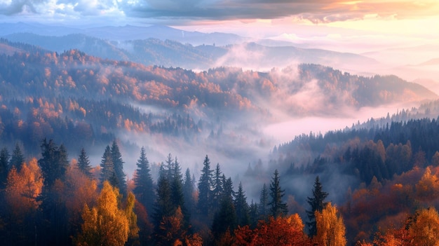 a mountain in the forest with a foggy background