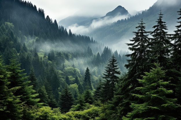 a mountain forest with high trees myst and fog grim background AI Generated