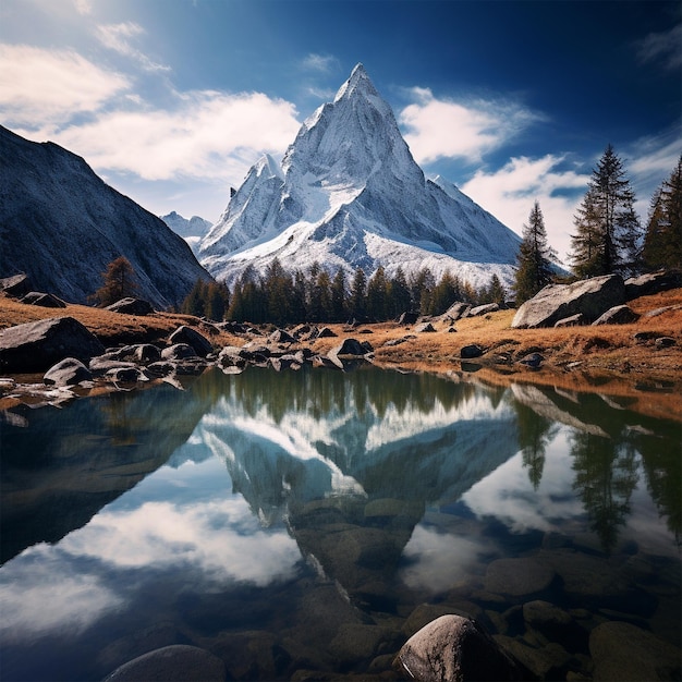 Mountain and forest with a reflection in the lake generated by AI