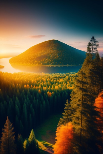 A mountain in the forest with a sunset