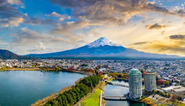 Mountain fuji san at kawaguchiko lake in japan aerial view of tokyo cityscape with fuji mountain in ...