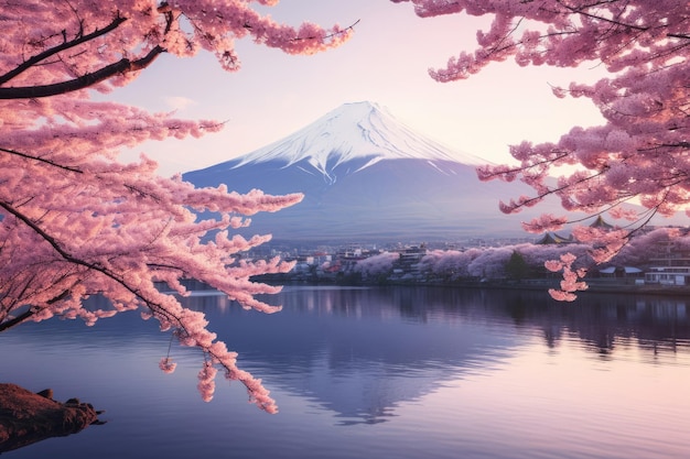 Mountain Fuji in spring at Kawaguchiko japan Cherry blossom Sakura