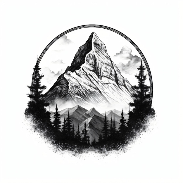 Mountain geometric emblem logo illustation bampw tattoo design tshirt