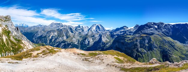 Mountain glaciers landscape view from the Petit Mont Blanc summit in Pralognan la Vanoise, French alps. Panoramic view