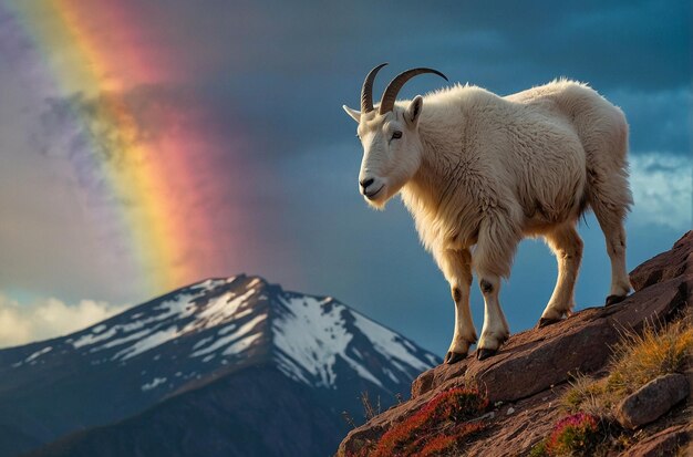 Горная коза на скале с радужным небом