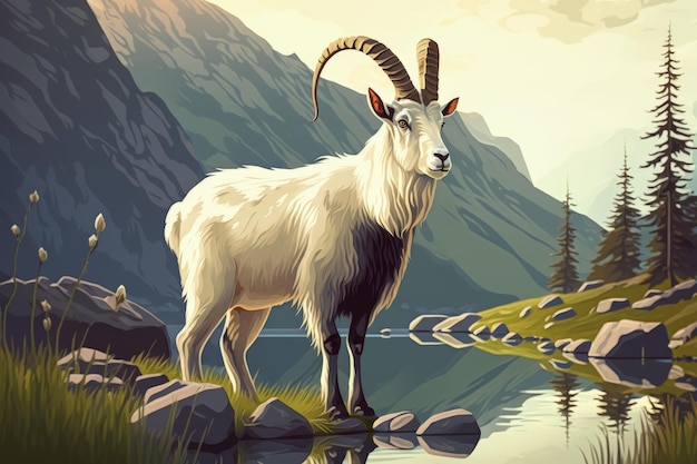 A mountain goat stands in front of a lake.