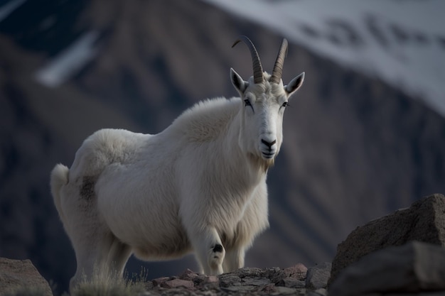 A mountain goat stands on a rocky hillside