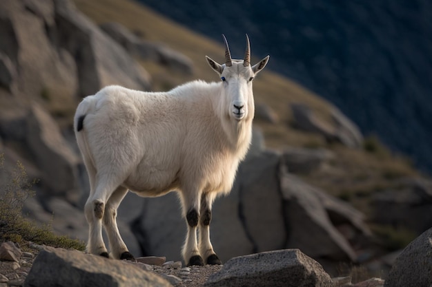 A mountain goat stands on a rocky hillside