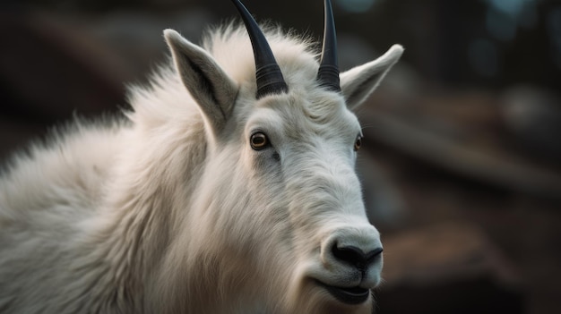 A mountain goat with horns and a black background