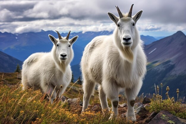 Mountain goats grazing on alpine meadows