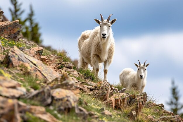 Foto capre di montagna che pascolano su pendii ripidi