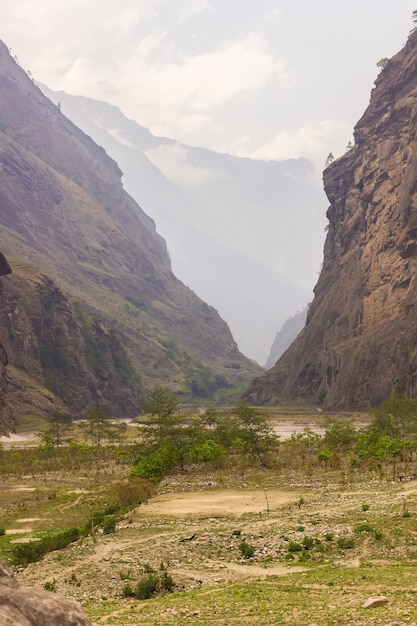 Mountain gorge in the Manaslu region in the Himalayan mountains. Nepal